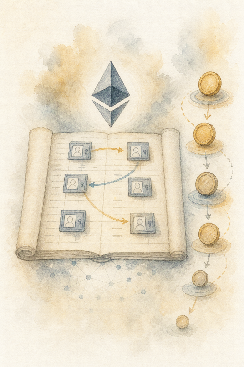 Watercolor illustration comparing Bitcoin UTXOs with Ethereum accounts and shared state