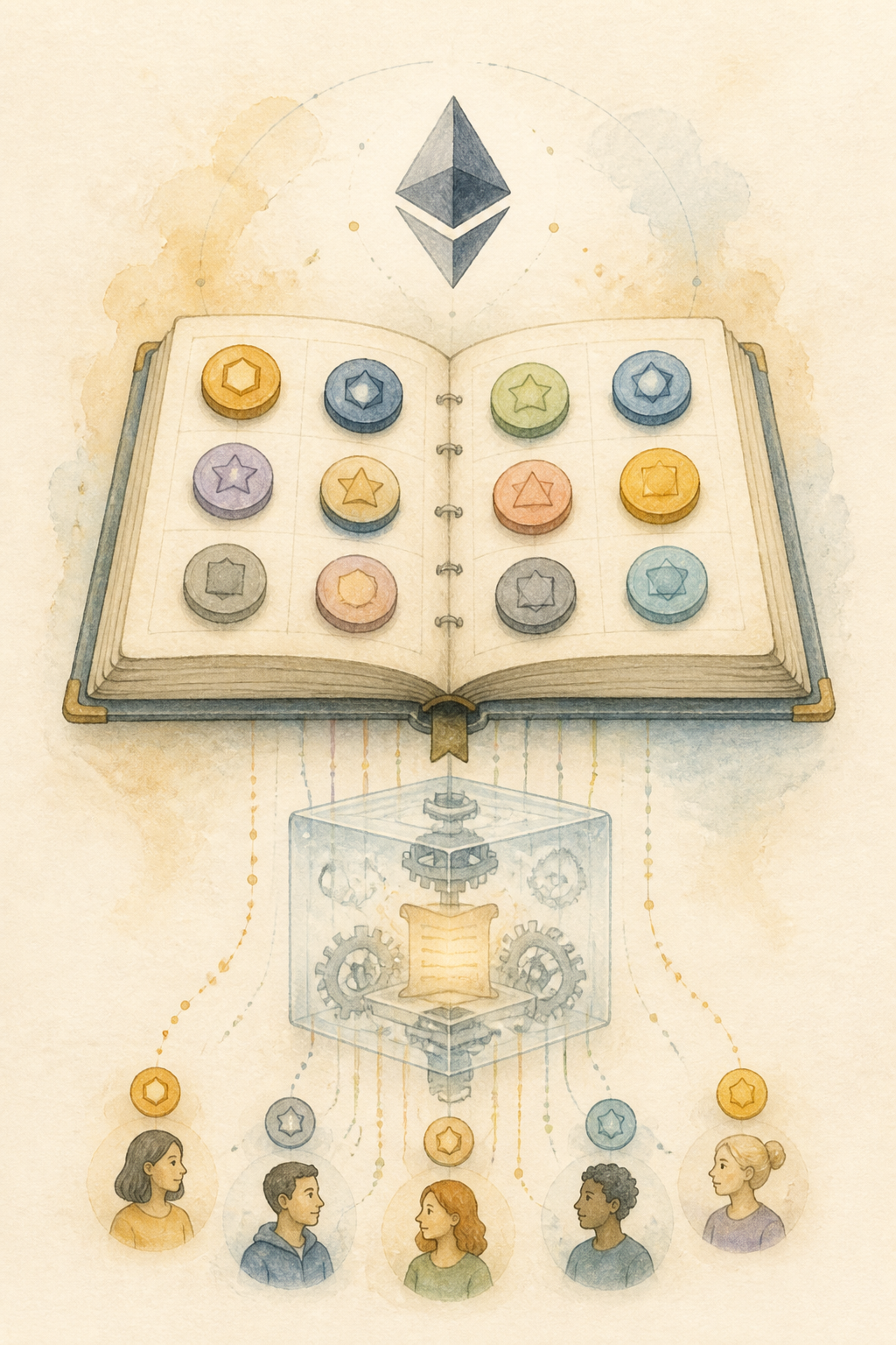 Watercolor illustration of many tokens recorded inside one Ethereum smart contract