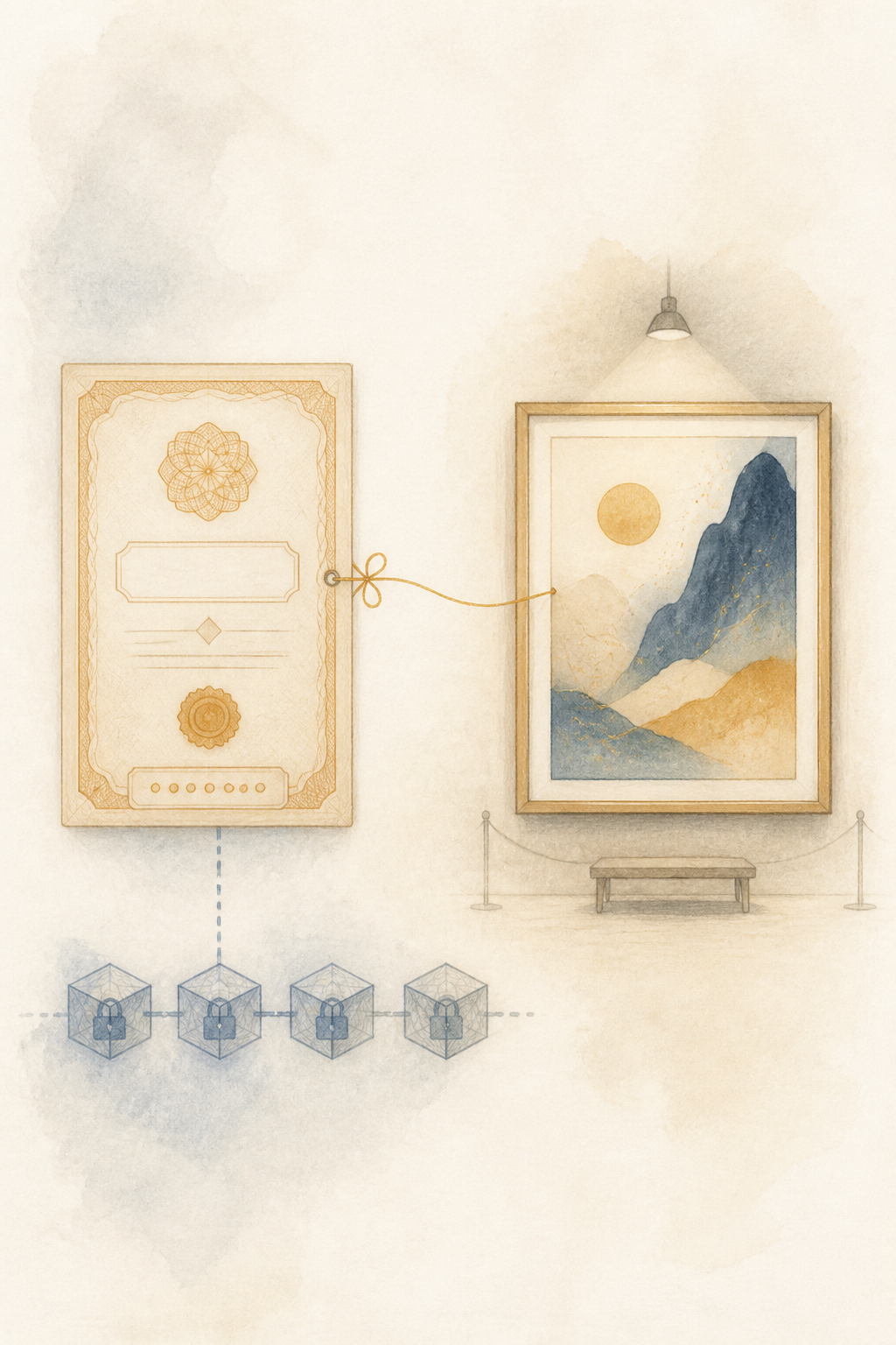 Watercolor illustration of unique numbered digital certificates represented by NFTs