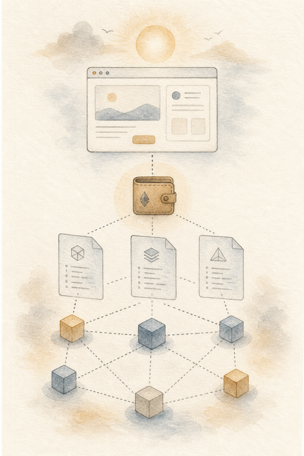 Watercolor illustration of a user interface connecting a wallet to decentralized smart contracts