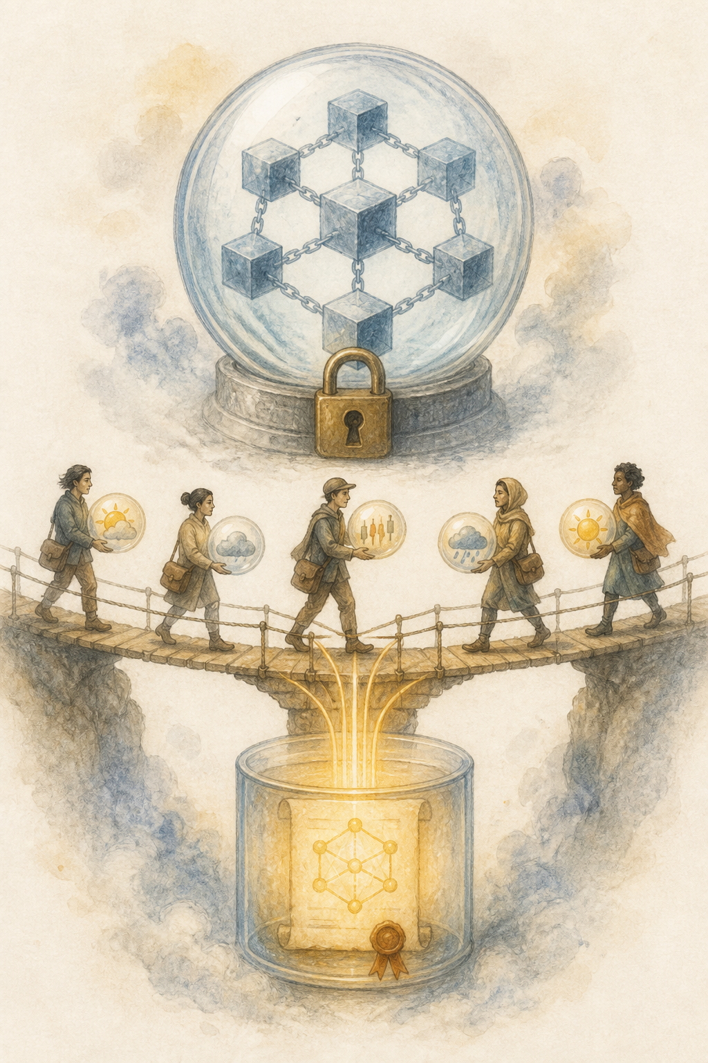 Watercolor illustration of an oracle bridge carrying real-world data onto a blockchain