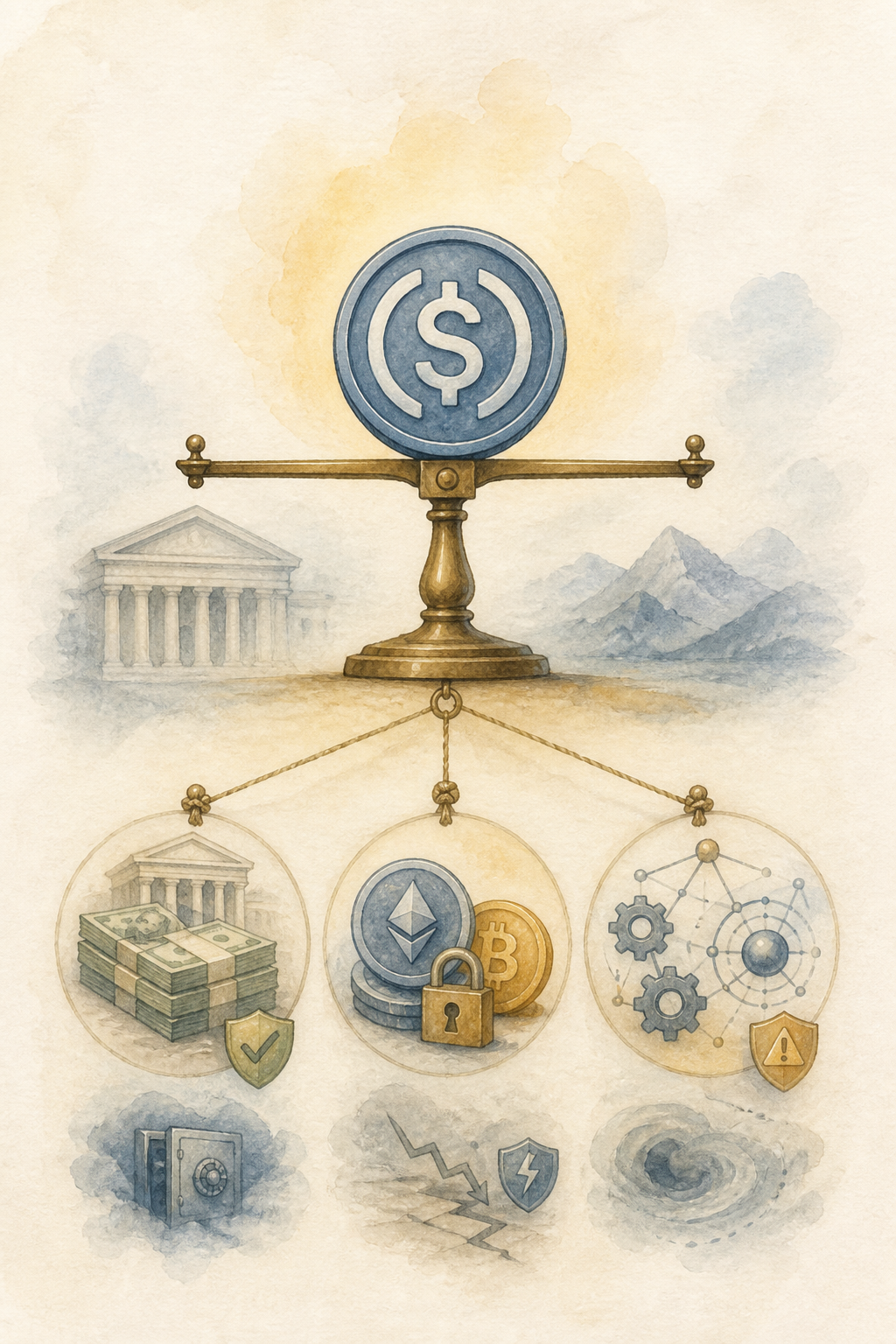 Watercolor illustration of a stablecoin balancing different forms of collateral around a price peg