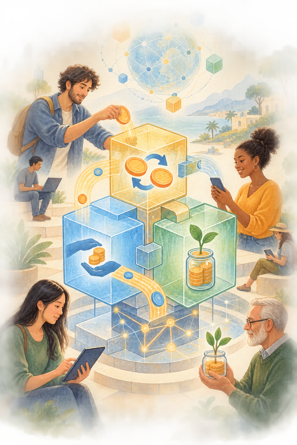 Watercolor illustration of open financial services connected through decentralized smart contracts