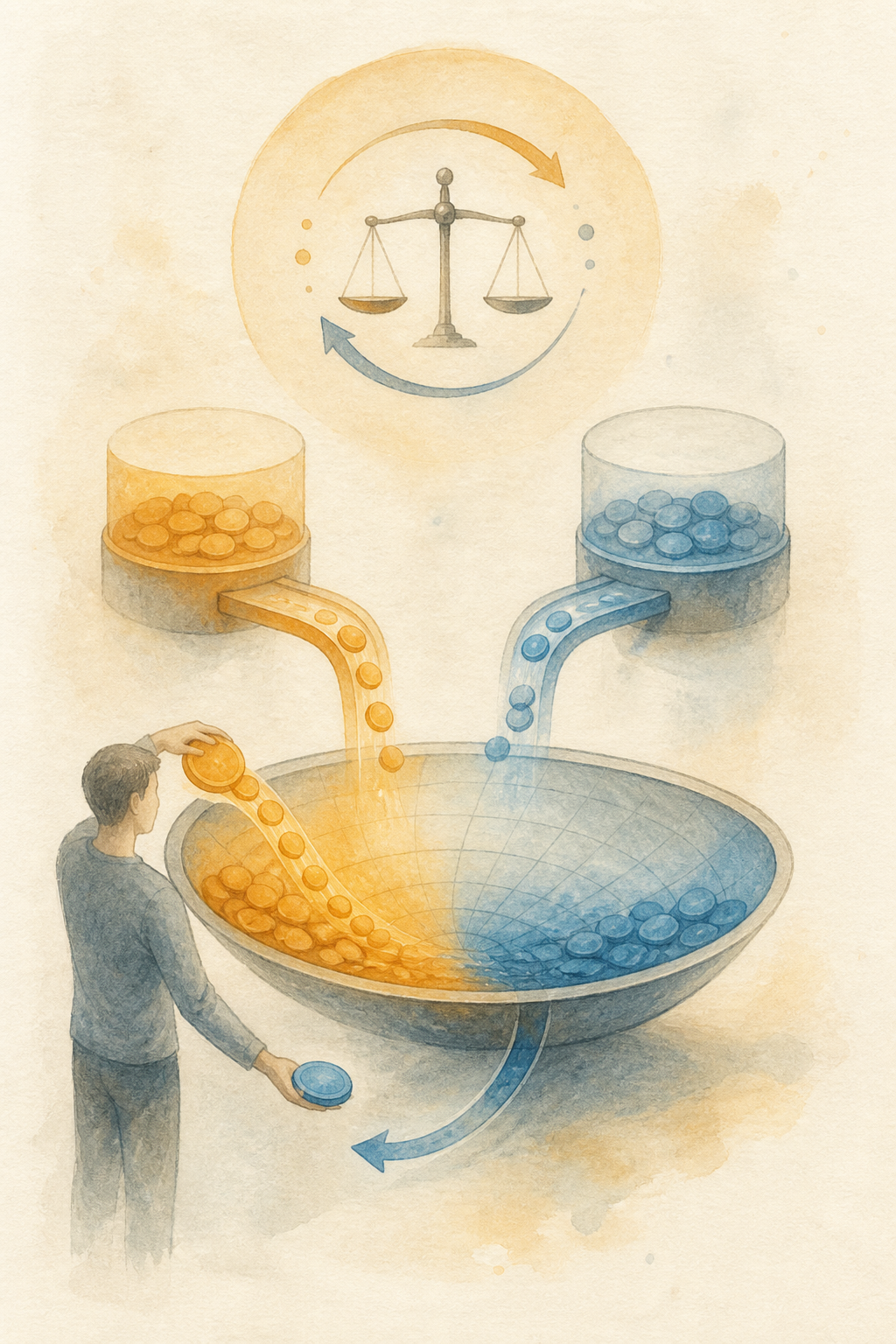 Watercolor illustration of an automated market maker balancing two token reserves in a liquidity pool