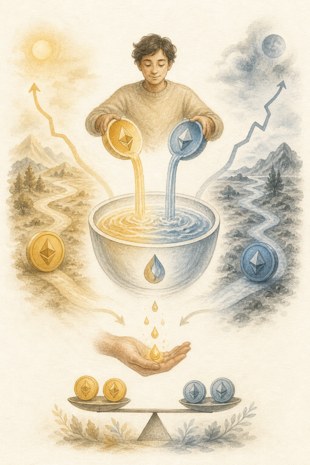 Watercolor illustration of liquidity providers adding a pair of tokens to a shared trading pool