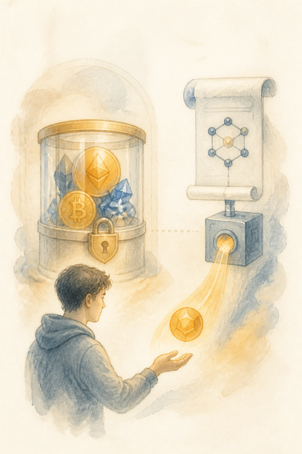 Watercolor illustration of borrowers and lenders connected through an overcollateralized DeFi lending pool