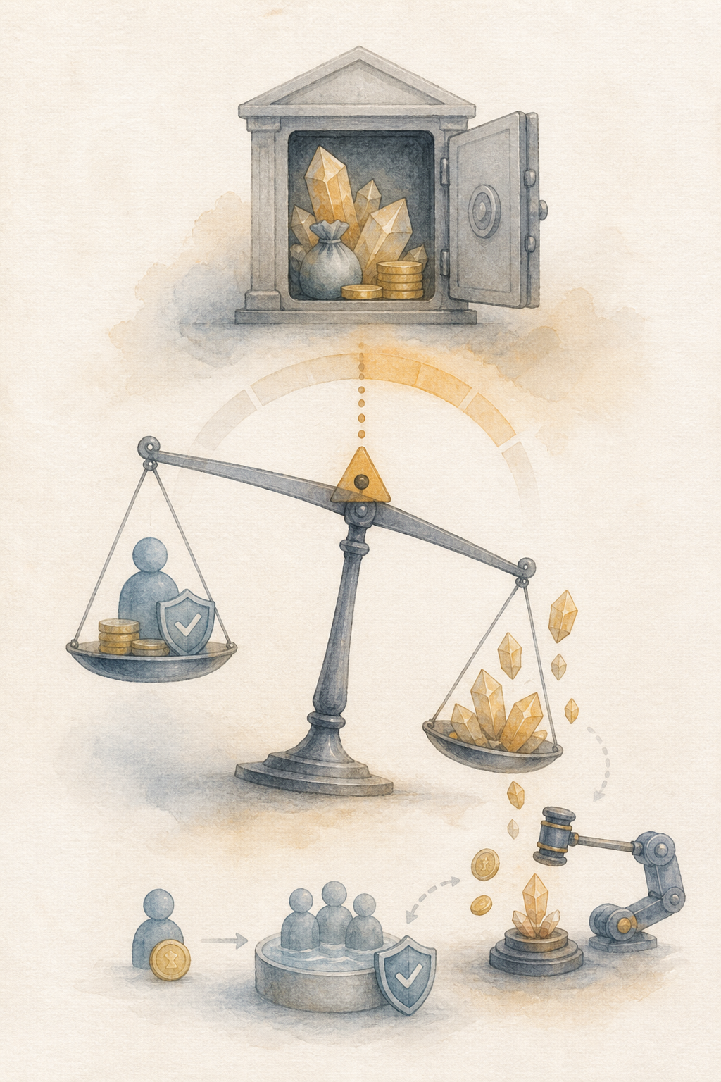 Watercolor illustration of a DeFi loan health meter triggering collateral liquidation