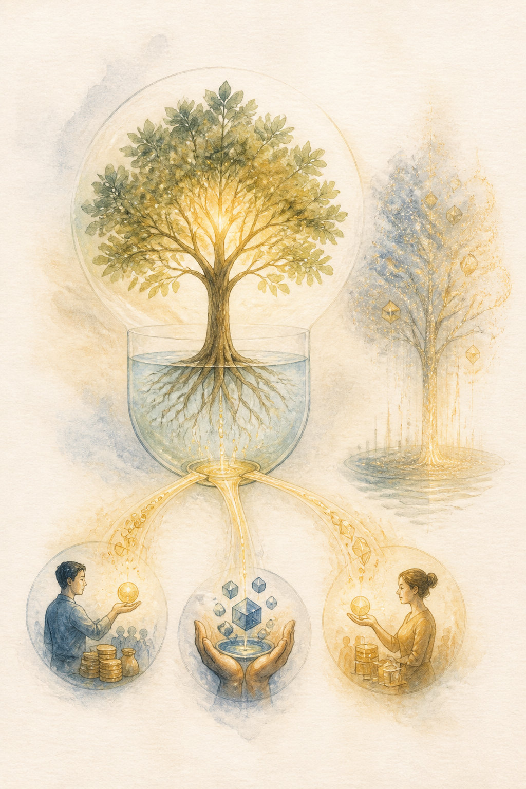 Watercolor illustration tracing crypto yield back to borrowers, trading fees, staking, and token rewards