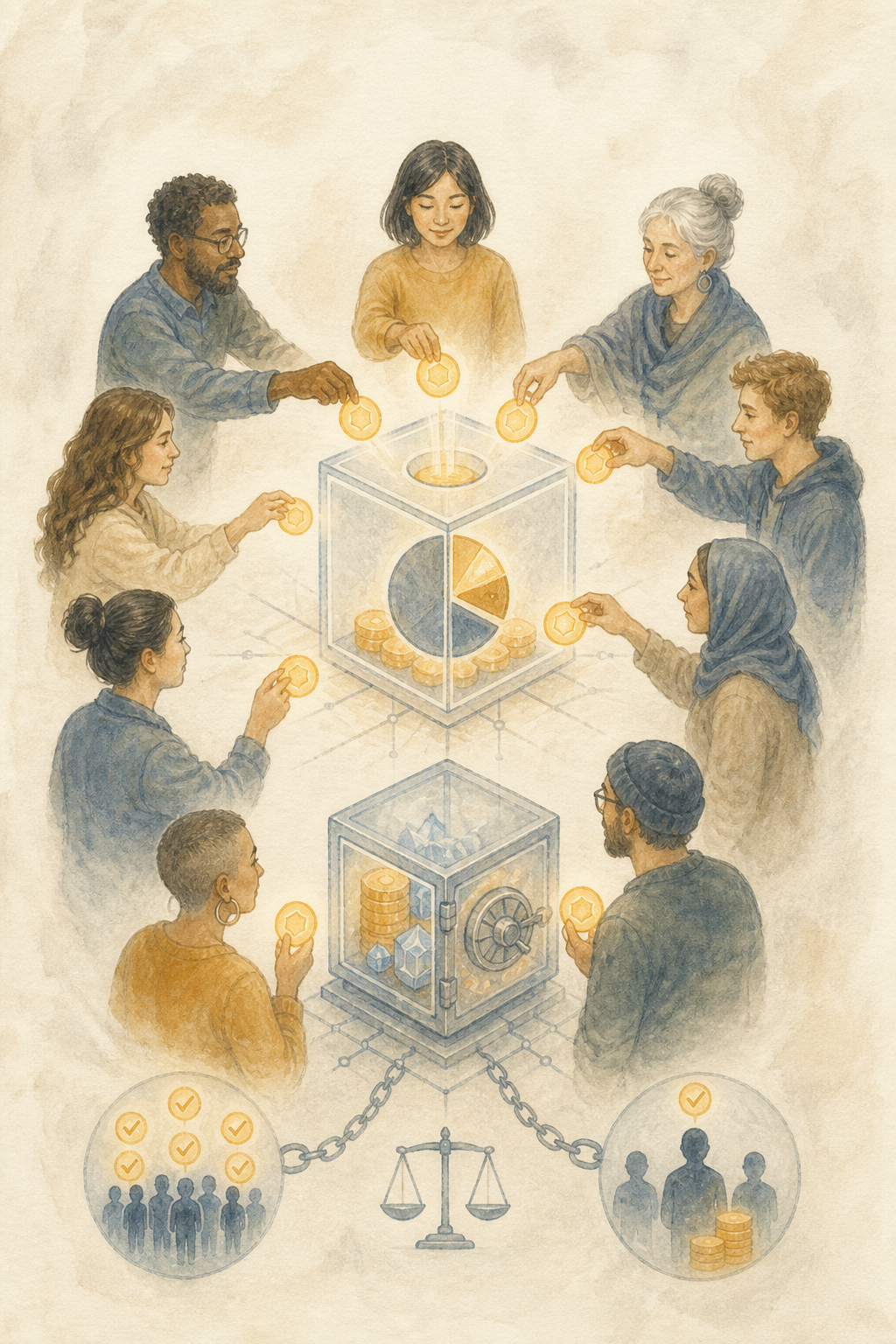 Watercolor illustration of a DAO community voting on proposals around a shared treasury