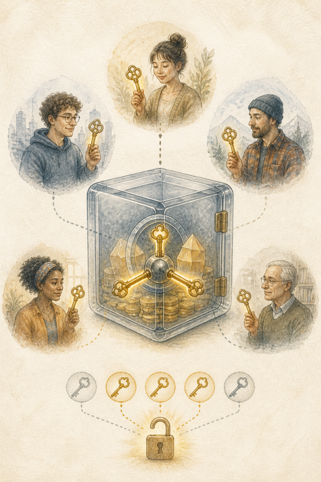 Watercolor illustration of several trusted signers jointly unlocking a multisignature crypto treasury